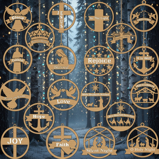 20 Christian Christmas Ornament SVG Bundle | Nativity Jesus Cross Dove Baubles | Religious Laser Cut Files |Glowforge Cricut CNC Wood Slices